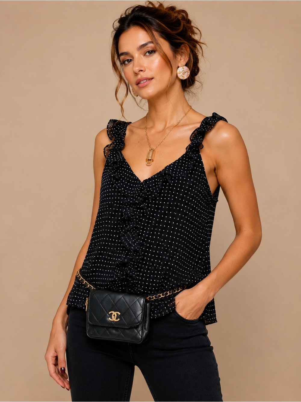 Ralph Lauren Silk Black Cami Tank Top Size 16 Polka Dot Ruffle V-neck Coquette